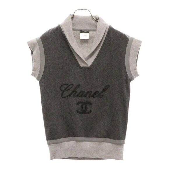 Authentic CHANEL Vest Top Shirt Cotton Logo Preppy Coco Mark Grey 34 - Picture 1 of 6